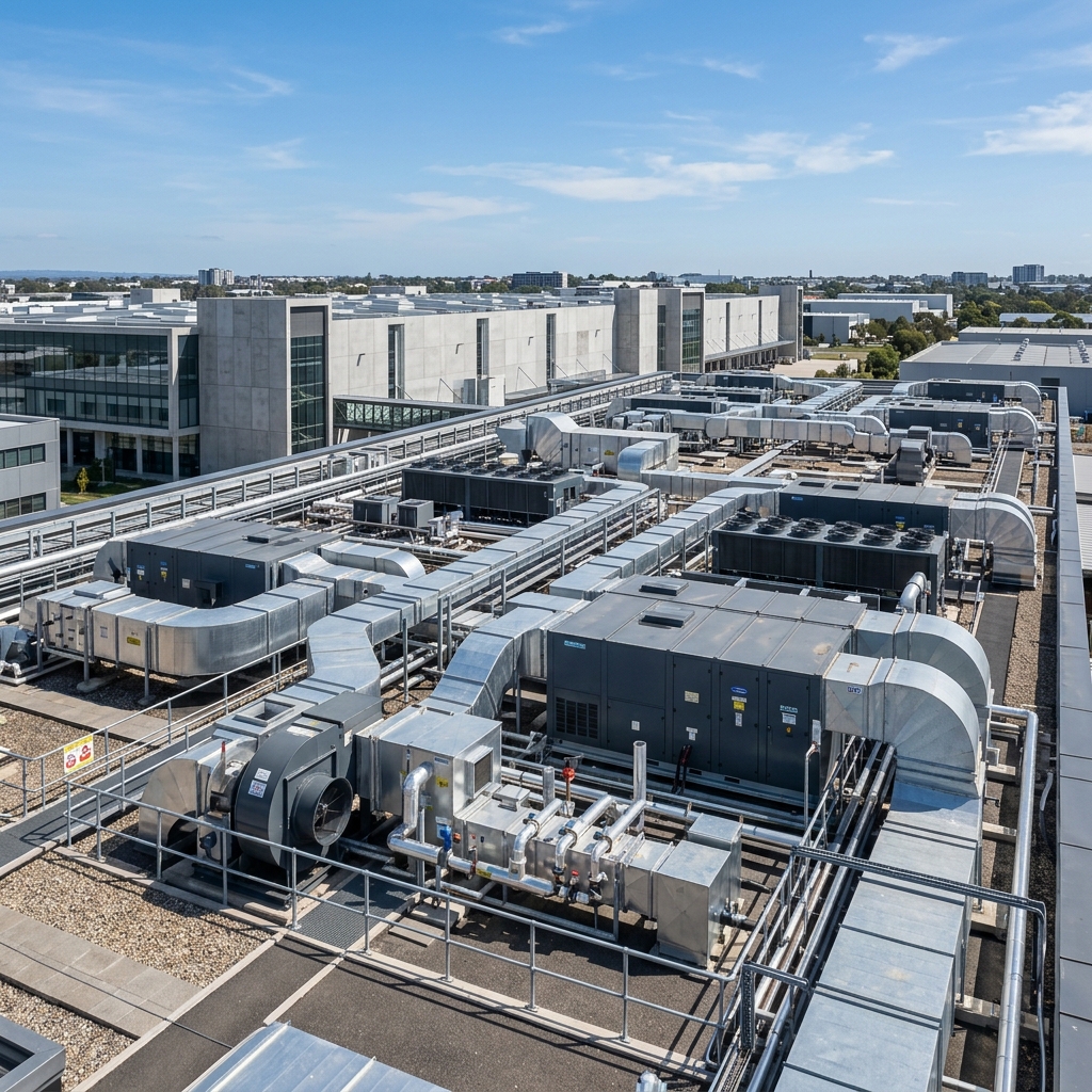 Rozbudowana instalacja wentylacji przemysłowej i klimatyzatorów dachowych